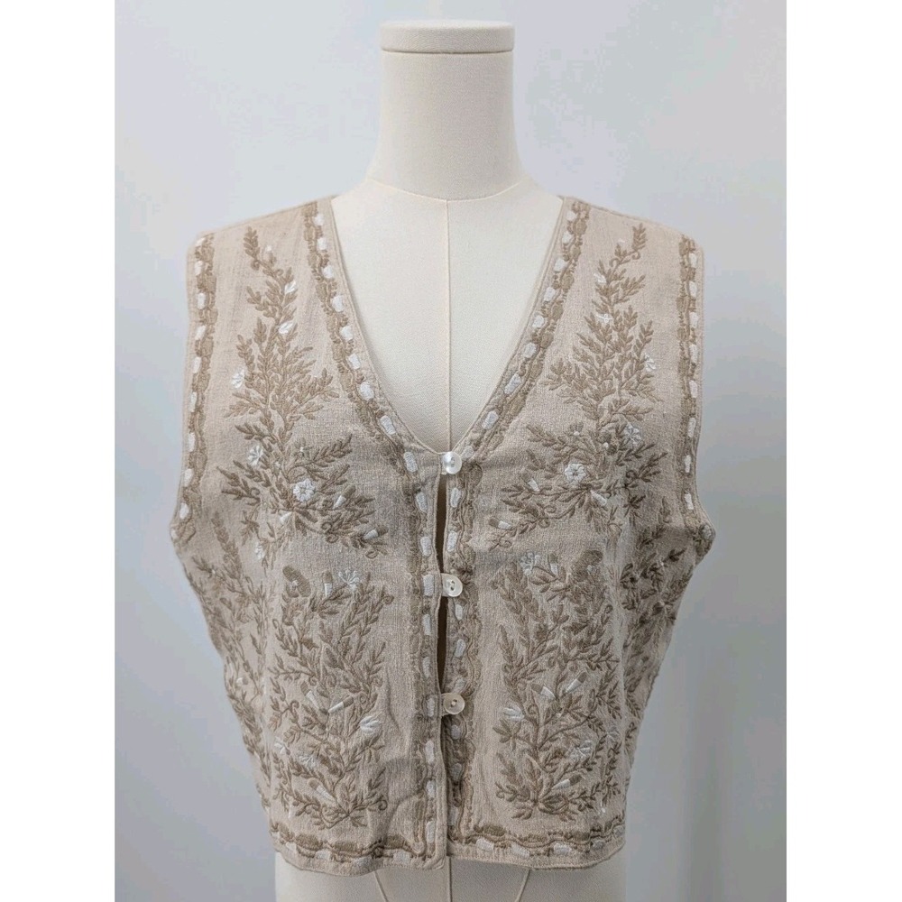 Vtg Christopher & Banks Linen Blend Floral Embroidered Vest Size L Cottagecore